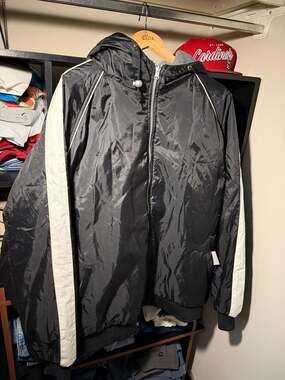 Zonz Vintage Reversible Nylon Hooded Coat Jacket Large Black White Stripe